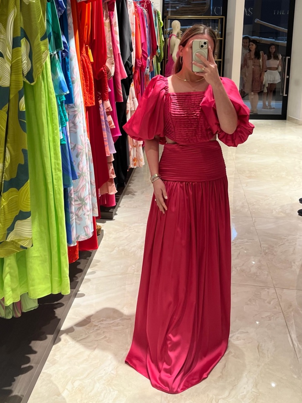 Vicky Tcherassi Fuchsia Puff-Sleeve Maxi Dress with Ruched Bodice